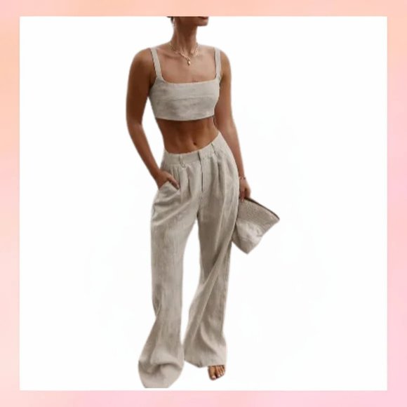 Sleeveless Crop Tank Top & High Waist Wide Leg Pants Set- Medium